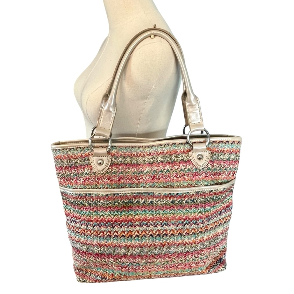 Giani Bernini Multicolor Woven Tote Bag Faux Champagne Leather Handles Trim 16"L